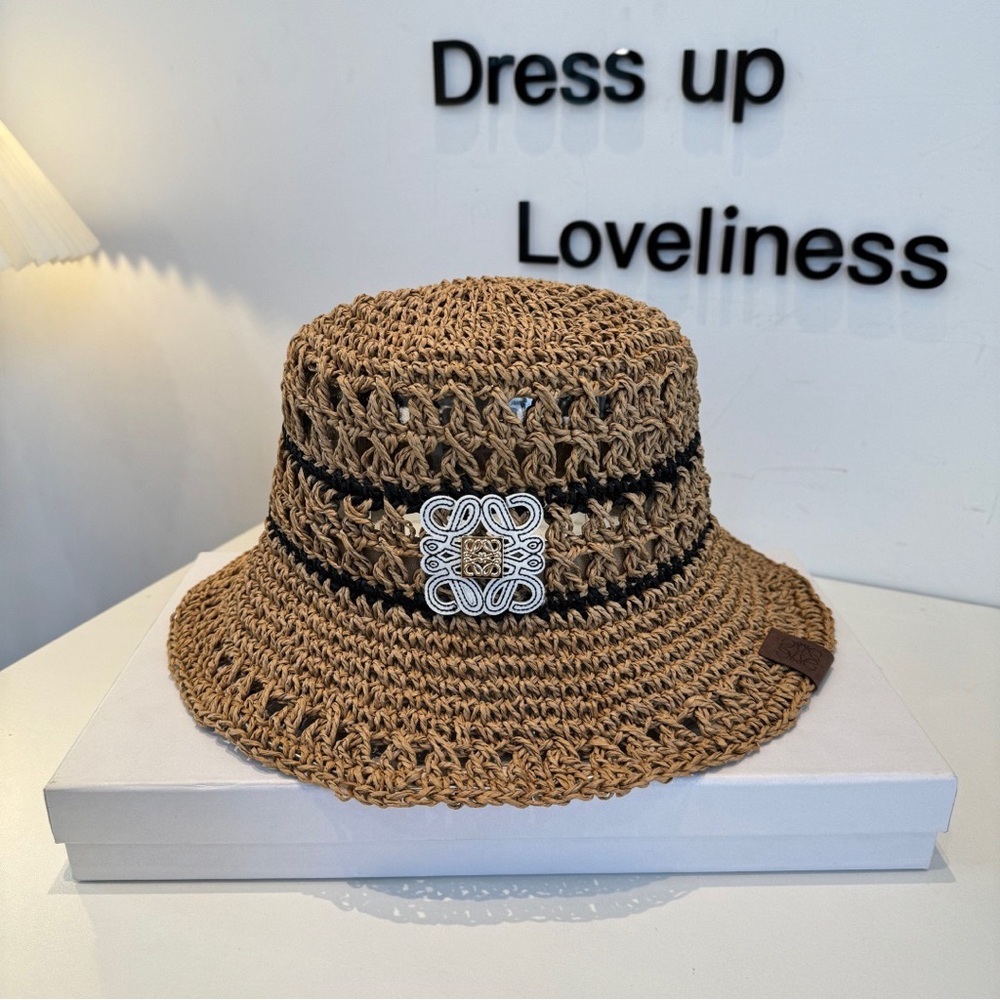 Loewe Tan Woven Bucket Hat with Black Trim and Silver Anagram